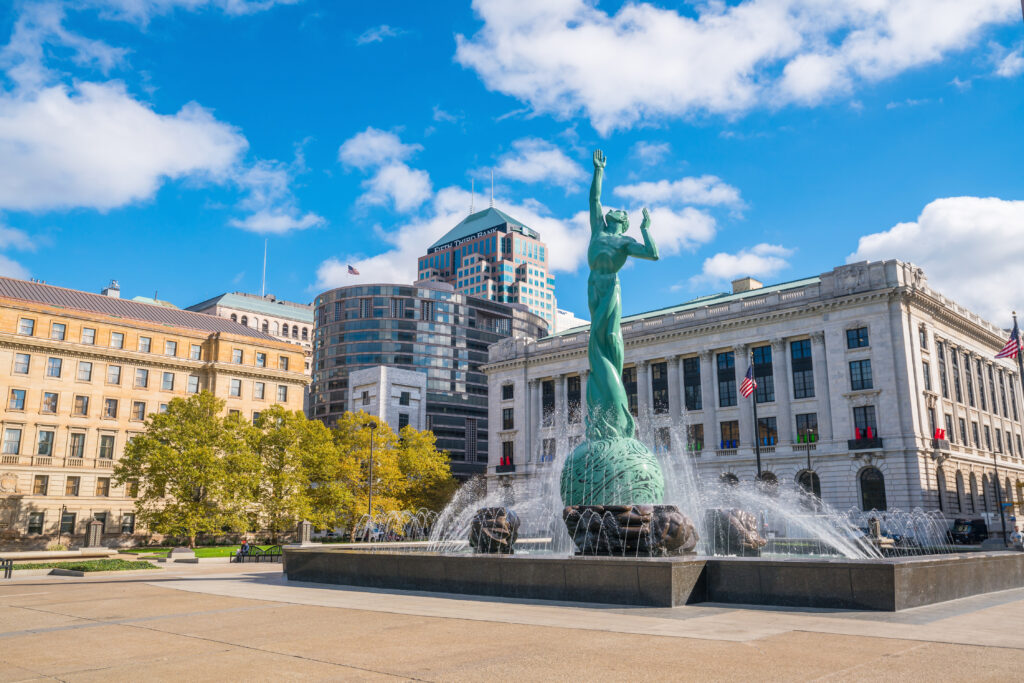 downtown cleveland skyline and fountain of eternal life statue
