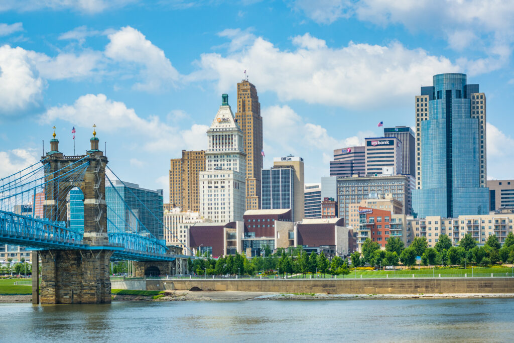 the cincinnati skyline and ohio river, seen from covington, kent